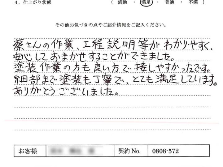 塗装作業の方も良い方で接しやすかったです 細部まで塗装も丁寧で、とても満足しています – O.T様